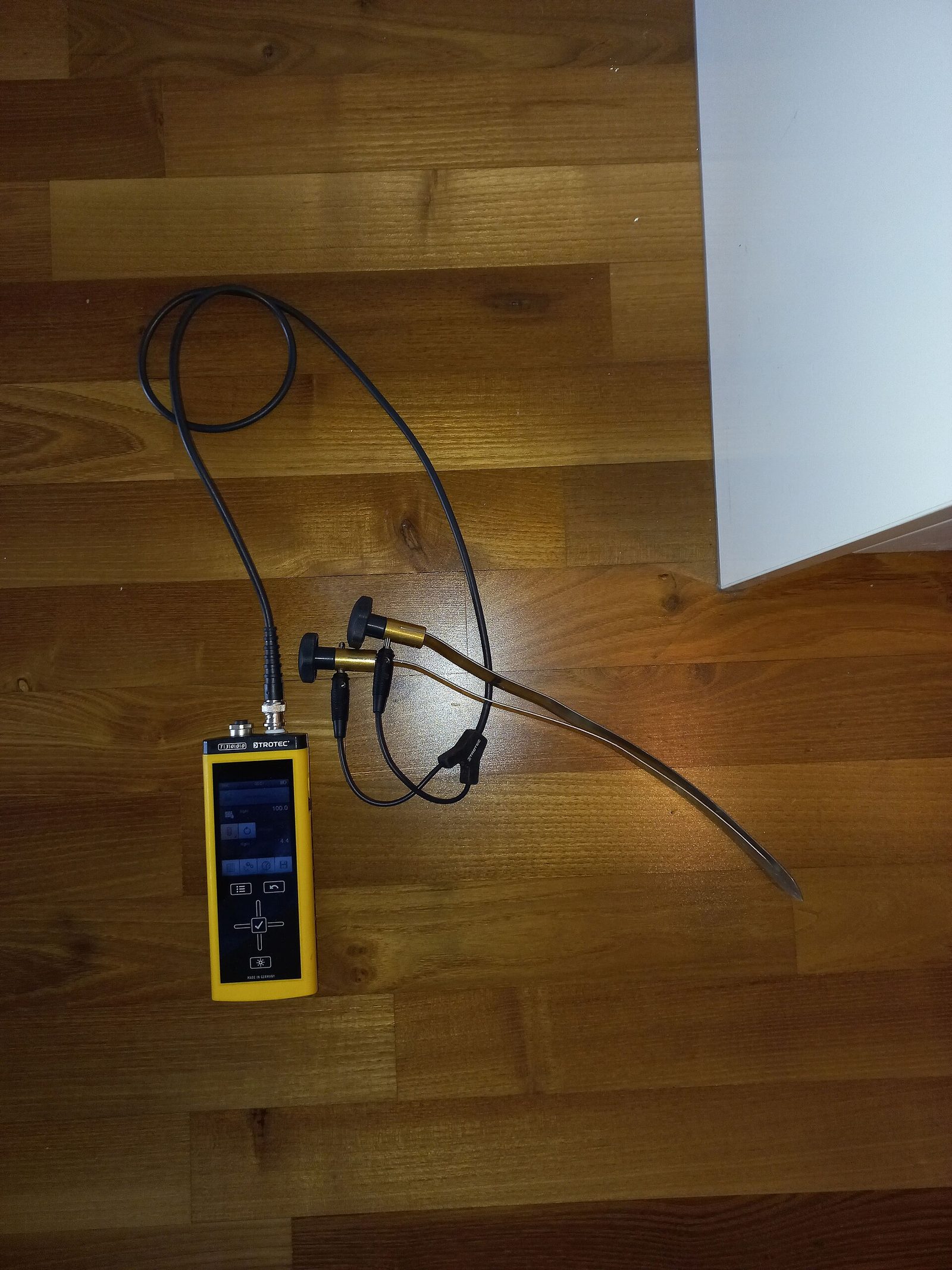 Technician measuring wall moisture with a digital meter